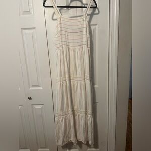 LOFT white tiered maxi dress with multicolored thread stripes, zippered up back.